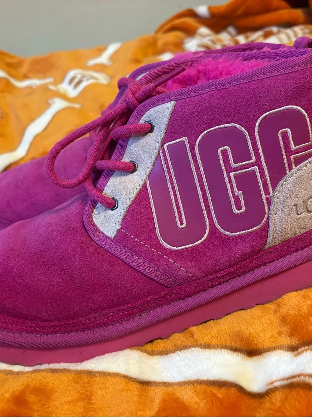 UGG Kids Suede Lace-Up Shoes in Bright Magenta with Cream Accents